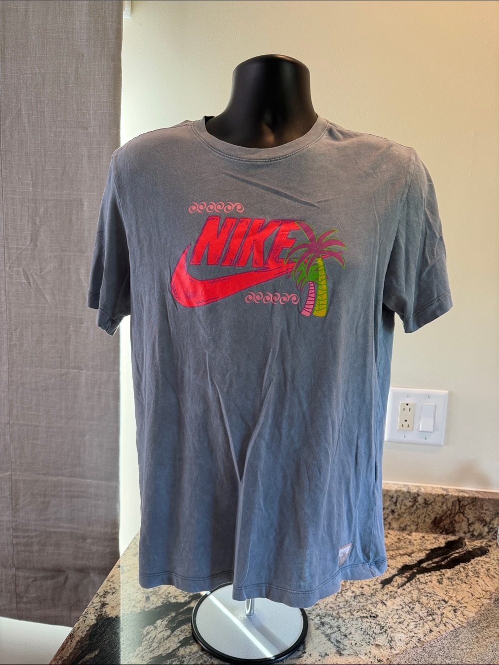 Nike Gray Short Sleeve Tee with Pink Swoosh and Green-Pink Palm